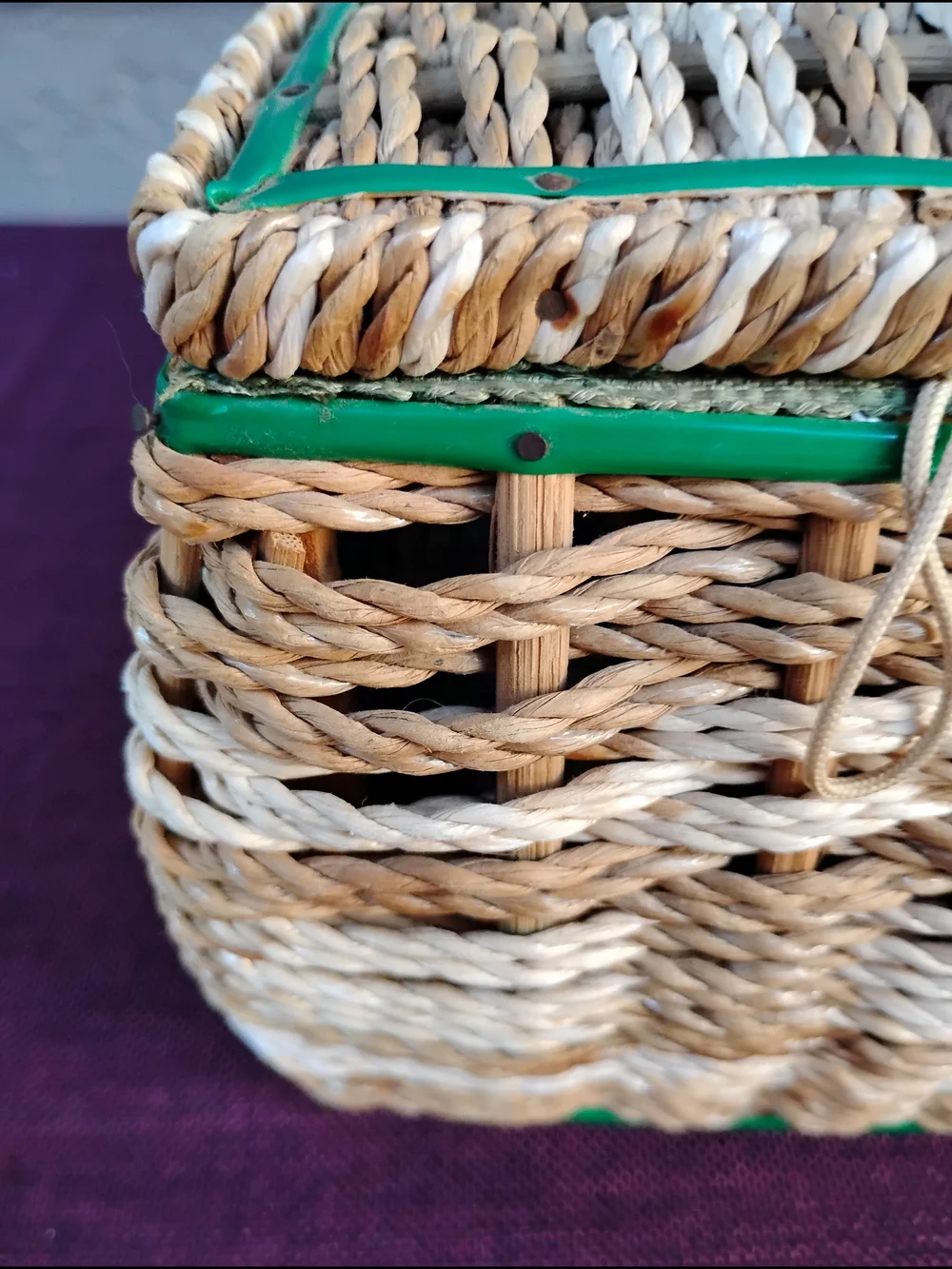 Vtg Wicker Sewing Basket Woven Beige  w/Green Lining Mid Century Made in Japan